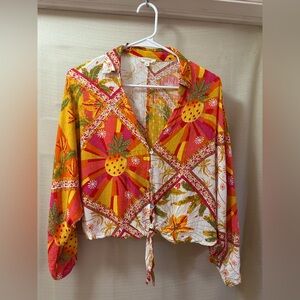 Haute Hippie Style Pineapple Tropical Tie Front Blouse Medium Bohemian Summer